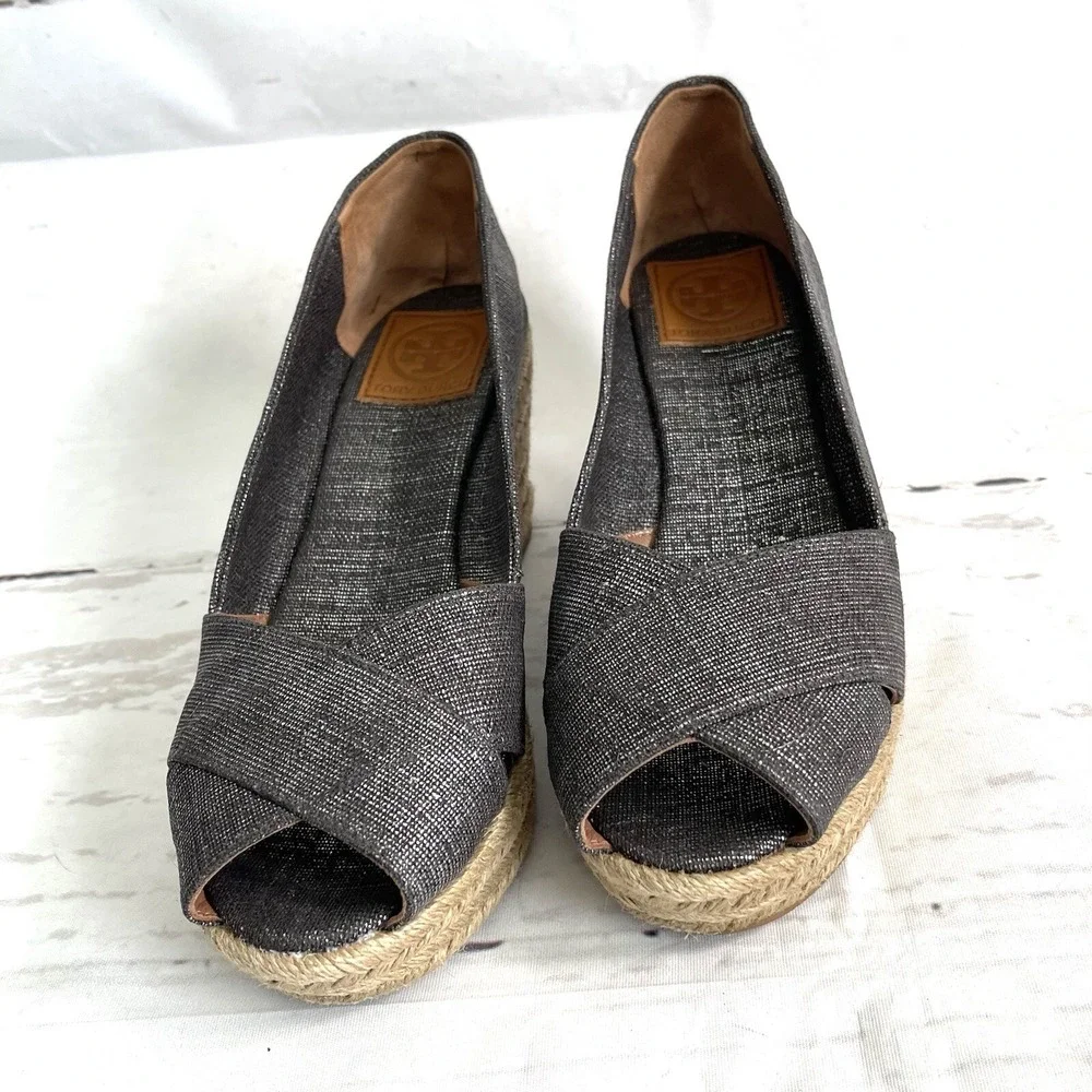 Tory Burch Filipa Shoes Women's 9.5B Pewter Espadrilles Peep Toe Wedges